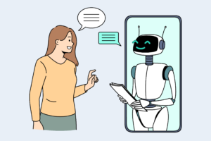 ロボットと話す女性